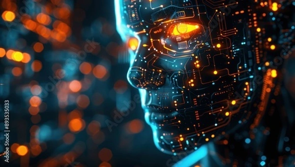 Fototapeta Digital Face with Circuitry and Glowing Lights