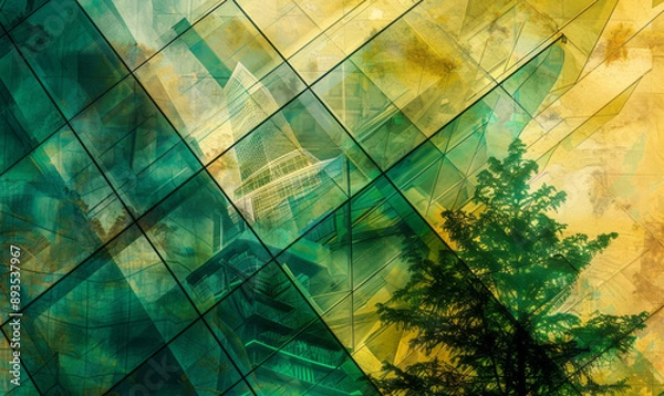 Fototapeta A green tree grows within glass, reflecting modernist architecture, golden light, and strong diagonals.