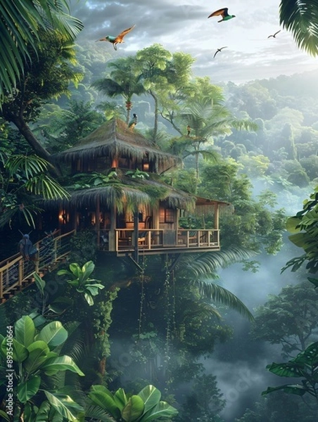 Fototapeta A treehouse in the Amazon rainforest with exotic birds and mist rising from the forest floor