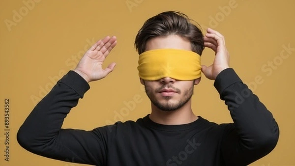 Fototapeta A man has a yellow bandage covering his eyes, he is blindfolded