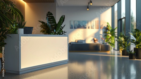 Fototapeta A modern hallway with potted plants and a vertical illuminated advertisement display, offering a clean and sleek corporate atmosphere.

