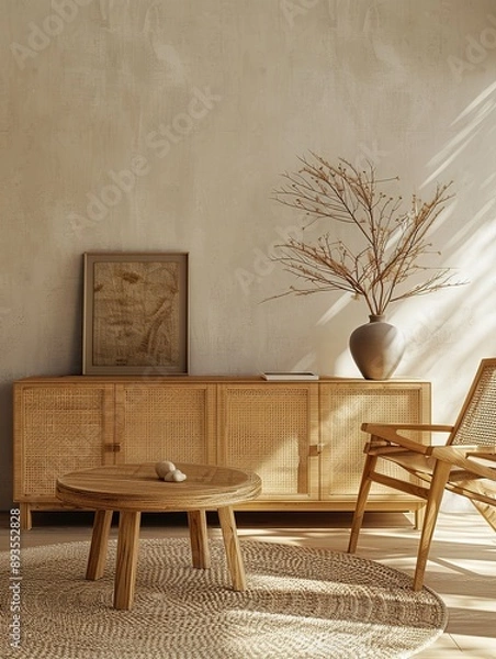 Fototapeta Minimalist interior design with wooden sideboard, rattan chair, round table, and vase under natural light. Beige walls and wooden floors emphasize textures and materials