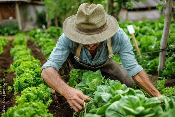 Fototapeta A farmer kneels down inspecting and caring for his leafy green plants in a lush and well-organized garden, showcasing dedication and attention to detail in agriculture.