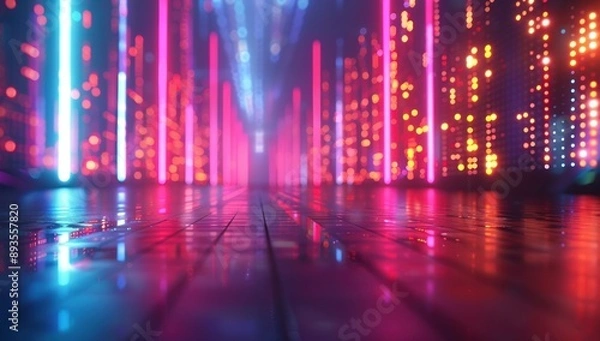 Fototapeta Neon Lights Reflecting on a Wet Surface