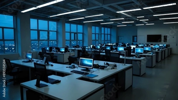 Fototapeta Empty office at night with computers and a city view.