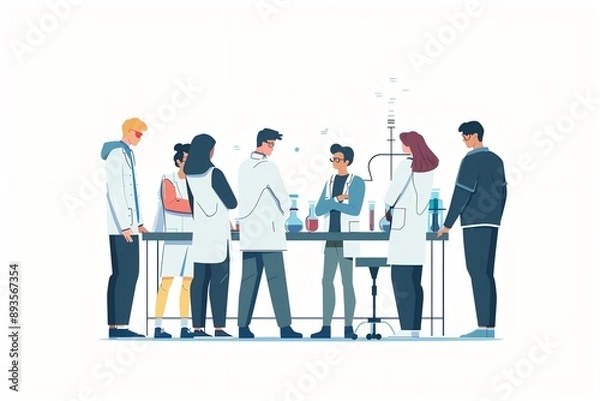 Fototapeta Scientists Working Together in Laboratory, Minimalist Style, Vector Illustration