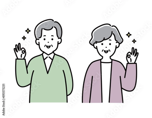 Fototapeta 夫婦イラスト　表情　家族 　日本人　嬉しい　シニア 　夫婦　おしゃれ　シンプル　かわいい	