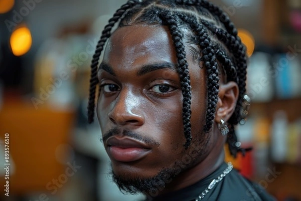 Fototapeta A man with intricately braided hair looks confidently at the camera, showcasing his unique style and self-assuredness, representing individuality and cultural expression.