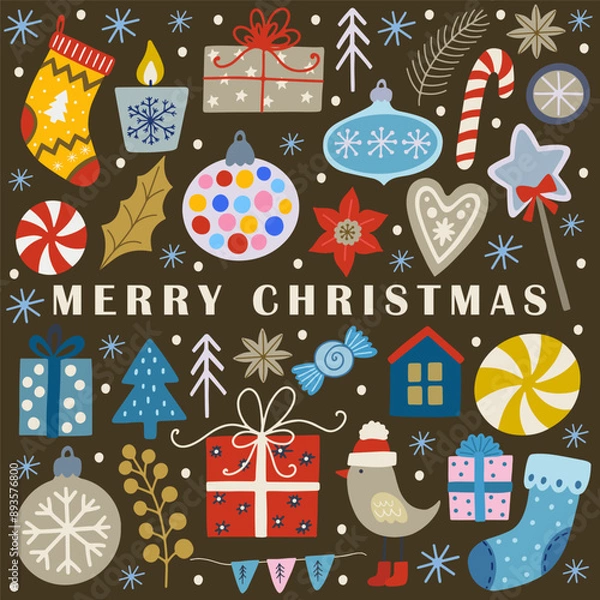 Fototapeta Merry Christmas greeting card with hand drawn flat elements. Doodles and sketches vector Christmas illustrations. Happy new year.