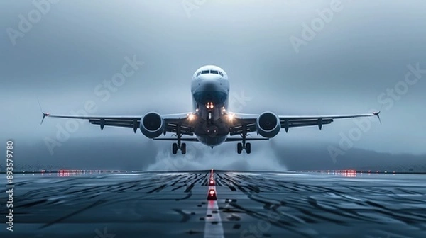 Fototapeta Passenger Airplane Taking Off from Wet Runway in Foggy Weather Dramatic Aviation Scene.
