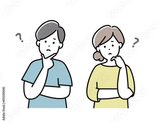 Obraz 夫婦イラスト　表情　家族 　日本人　悩む　考える　若い　夫婦　カップル　おしゃれ　シンプル　かわいい	