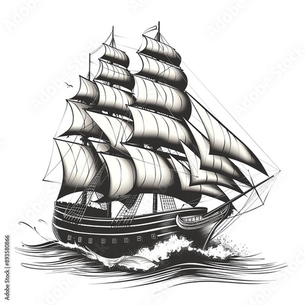 Fototapeta A detailed hand-drawn illustration of a three-masted sailing ship with full sails, navigating the waves.