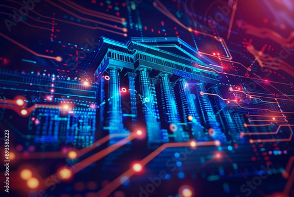 Obraz Digital Financial Institution Concept. An artistic representation of a financial institution with digital and futuristic elements, symbolizing the integration of technology in banking.