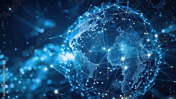 Fototapeta Holographic globe with network connections and data points Tech