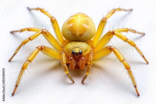 Fototapeta Vibrant yellow sac spider, Cheiracanthium inclusum, with distinctive white abdomen, posed on a pure white background, showcasing intricate details and subtle textures.