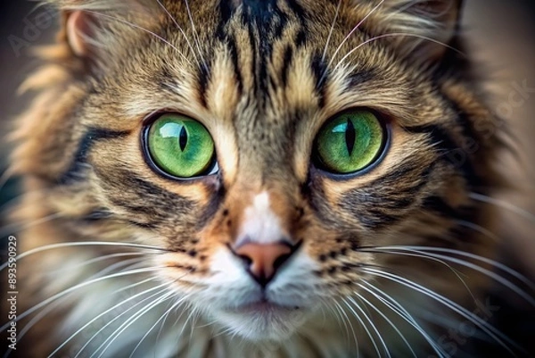 Fototapeta Adorable close-up portrait of a curious cat's bright green eye with long eyelashes, whiskers and soft fur, highlighting feline beauty and innocence.