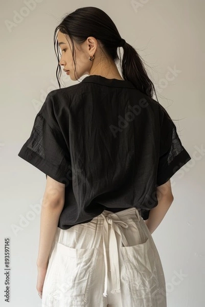 Fototapeta Fashion photo of an oversized black t shirt, worn in the style of an woman with dark hair and beige linen pants from the back view, white background, minimalistic style, focus on shirt, studio light,