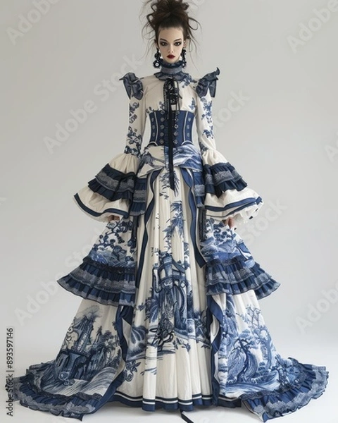 Fototapeta photoshoot of the Japanese model is wearing gothic, in the style of japanese photography, full body, rope, uniformly staged images, white and blue porcelain, skin texture, flamboyant, mechanical