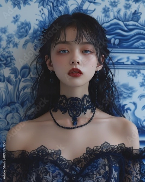 Fototapeta photoshoot of the Japanese model is wearing gothic, in the style of japanese photography, full body, rope, uniformly staged images, white and blue porcelain, skin texture, flamboyant, mechanical