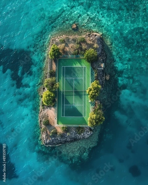 Fototapeta A tennis court on an island in the middle of the ocean, drone shot, blue water, amazing architecture, luxury, minimalism, photo realistic in the style of various artists.