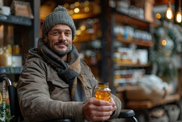 Fototapeta A man in a winter coat, scarf, and beanie is sitting outside, holding a jar of honey, capturing a moment of comfort and warmth amidst the chill of winter.