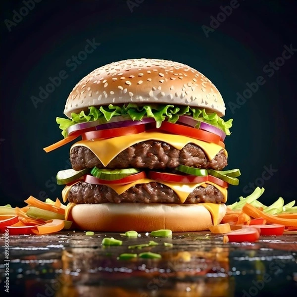 Fototapeta Burger: bun with double beef patty, cheese, vegetables. Square photo 3d. Studio shooting on a dark background