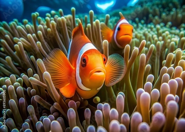 Fototapeta Vibrant orange tentacles of sea anemones sway gently, revealing a curious clownfish peeking out, amidst a serene and colorful underwater landscape.