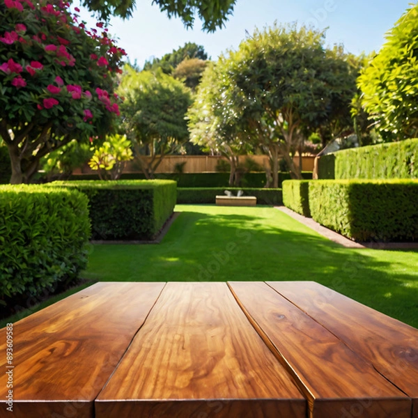 Fototapeta Sitting on a wooden table looking out over a lush green lawn and a beautiful English garden with a wooden tabletop in the foreground and large trees in the background.Generative AI.