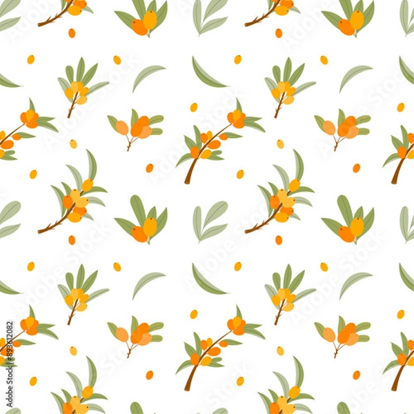 Fototapeta Seamless pattern with sea buckthorn on a white background. Pattern with berries and leaves. Colorful fresh berries for wallpaper, fabric, wrapping paper.