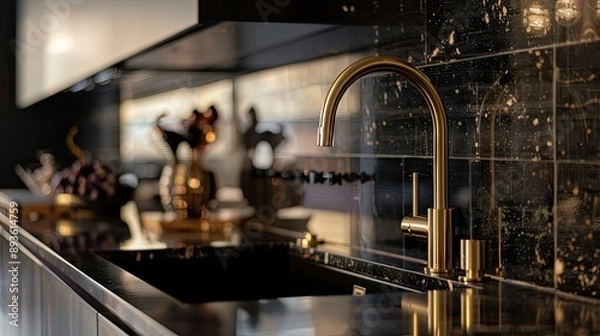 Fototapeta Gold faucet with black countertop and elegant backsplash in a sophisticated kitchen