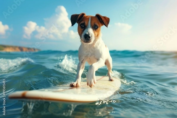 Fototapeta A determined dog takes on the waves with confidence, riding a surfboard skillfully over the ocean's surface, exemplifying pure joy and courage in the water under a sunny sky.
