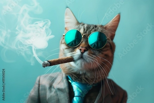 Fototapeta A sophisticated cat wearing a suit, blue tie, and sunglasses smokes a cigar, portraying an aura of coolness and authority with a playful yet dapper style.