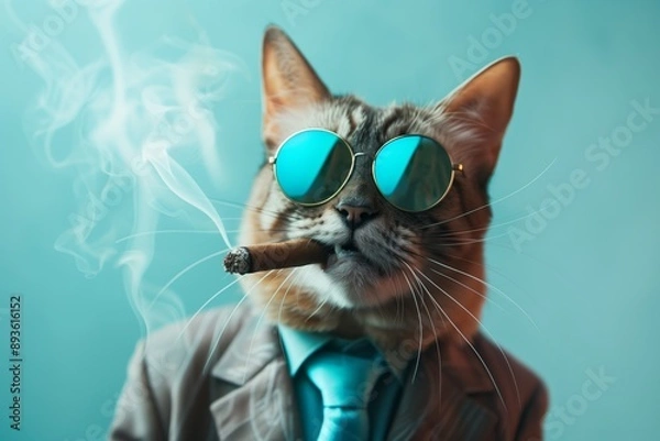 Fototapeta A relaxed cat dressed in a suit with blue tie and sunglasses, holding a cigar, showcasing a confident and composed demeanor with a touch of humor and style.