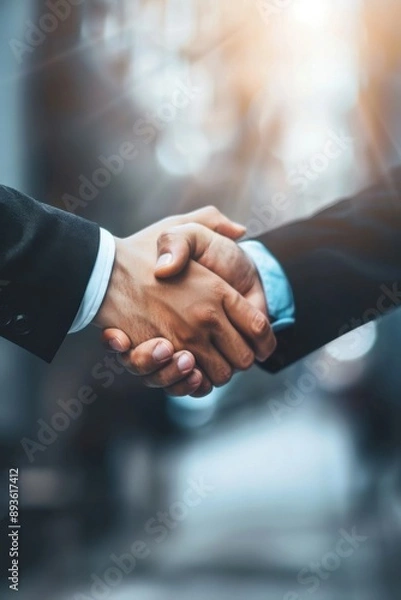Fototapeta Business people shaking hands near office building, close up vertical view