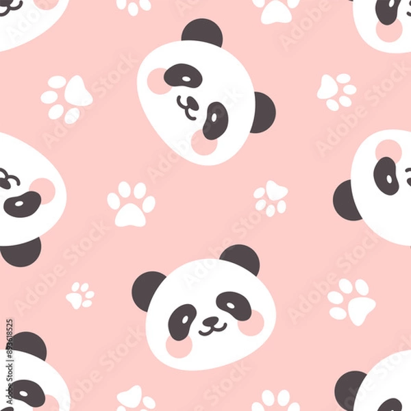 Obraz Panda bear cute face with footprints texture, kids baby pink color woodland animals seamless pattern for wrapping paper, fabric and textile print.