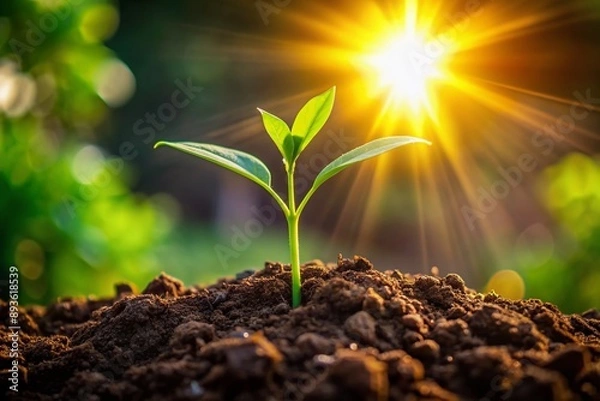 Fototapeta Vibrant green seedling emerges from dark soil, illuminated by warm morning sunlight, symbolizing hope and new life in a serene natural environment.