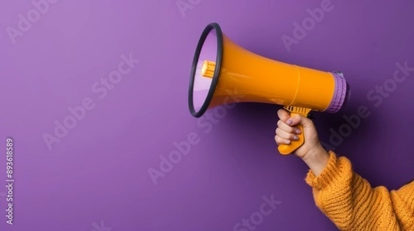 Fototapeta Person holding a megaphone with a solid violet background, focus on the arm and megaphone