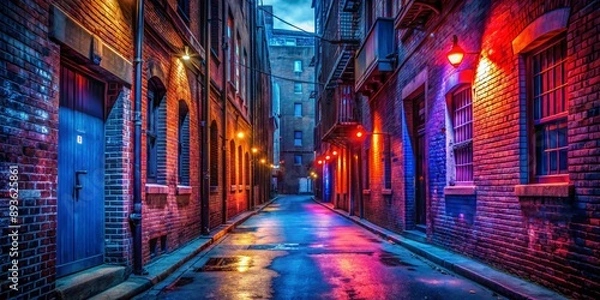 Fototapeta Neon Lights Reflect on Wet Pavement in a Brick Alleyway