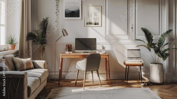 Fototapeta Stylish home office setup in a living room, perfect for remote work with minimal decor.