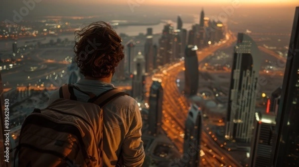 Fototapeta Traveler enjoying a panoramic view from a city's tallest building, big city perspective, urban exploration