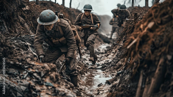 Obraz World War I trench warfare reenactment with soldiers in muddy trenches