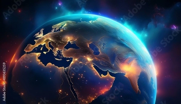 Fototapeta Panoramic view on planet Earth globe from space. Glowing city lights, light clouds. Generative AI
