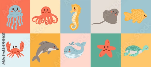 Obraz Vector illustration of underwater world concept background.Marine animals collection