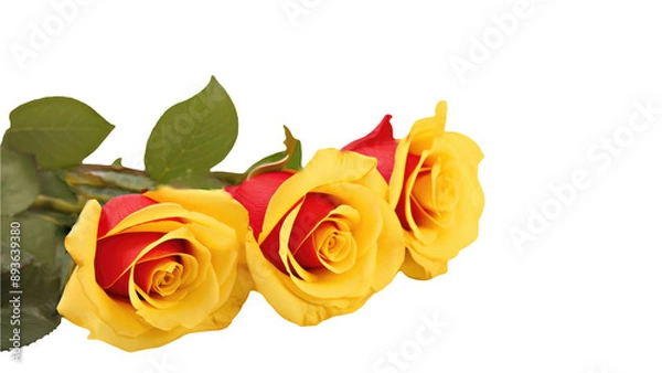 Fototapeta Captivating Image of Red and Yellow Beautiful Flowers of Three Roses Kept on Transparent Background. Generative AI.