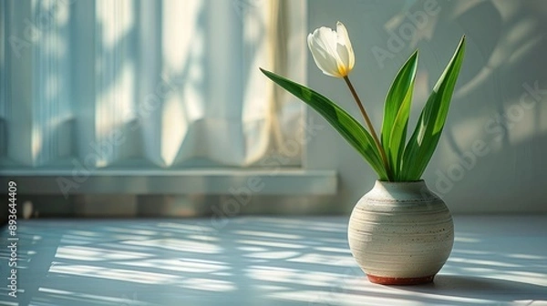Fototapeta A single white tulip in a ceramic vase on a sunlit table, creating a serene and peaceful atmosphere with soft shadows.