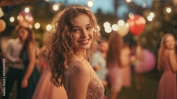 Fototapeta A charming young woman is smiling at an outdoor evening party with festive lights, balloons, and a joyful atmosphere. The celebration brings a happy and festive vibe to the warm summer night