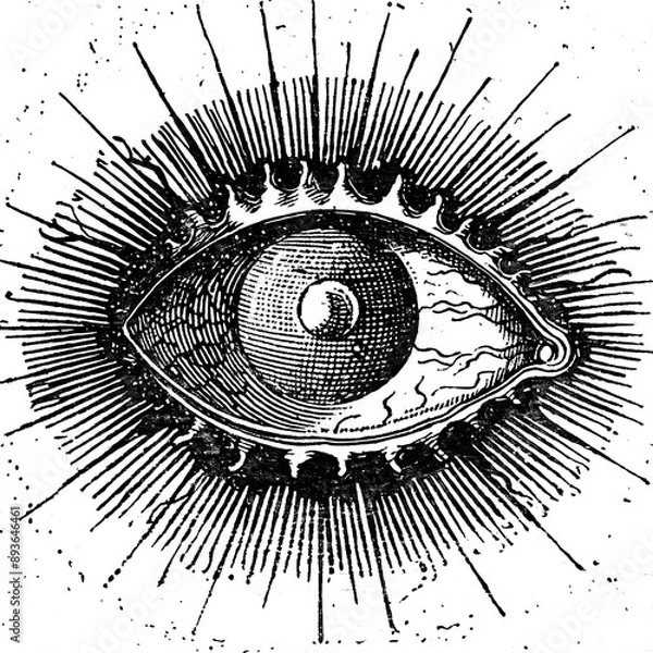 Fototapeta Old ink drawing of an eye with rays around it, clip art style, antique woodblock print style, simple design, white background, gothic art style, vintage style, antique style, detailed style	
