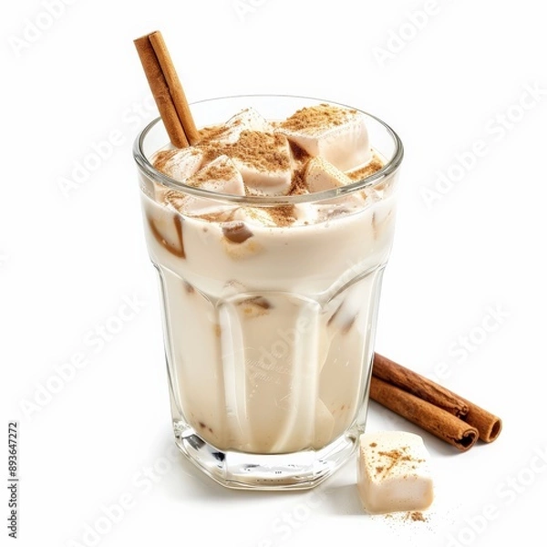 Fototapeta A glass of horchata with ice and cinnamon sticks