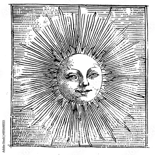 Fototapeta Vintage illustration of the sun with rays and face, simple line art, etching, woodcut, mystical symbolism, old print on rough paper	