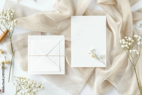 Fototapeta Two wedding invitation cards mockup, front and back sides, blank card mock up with stylish decor